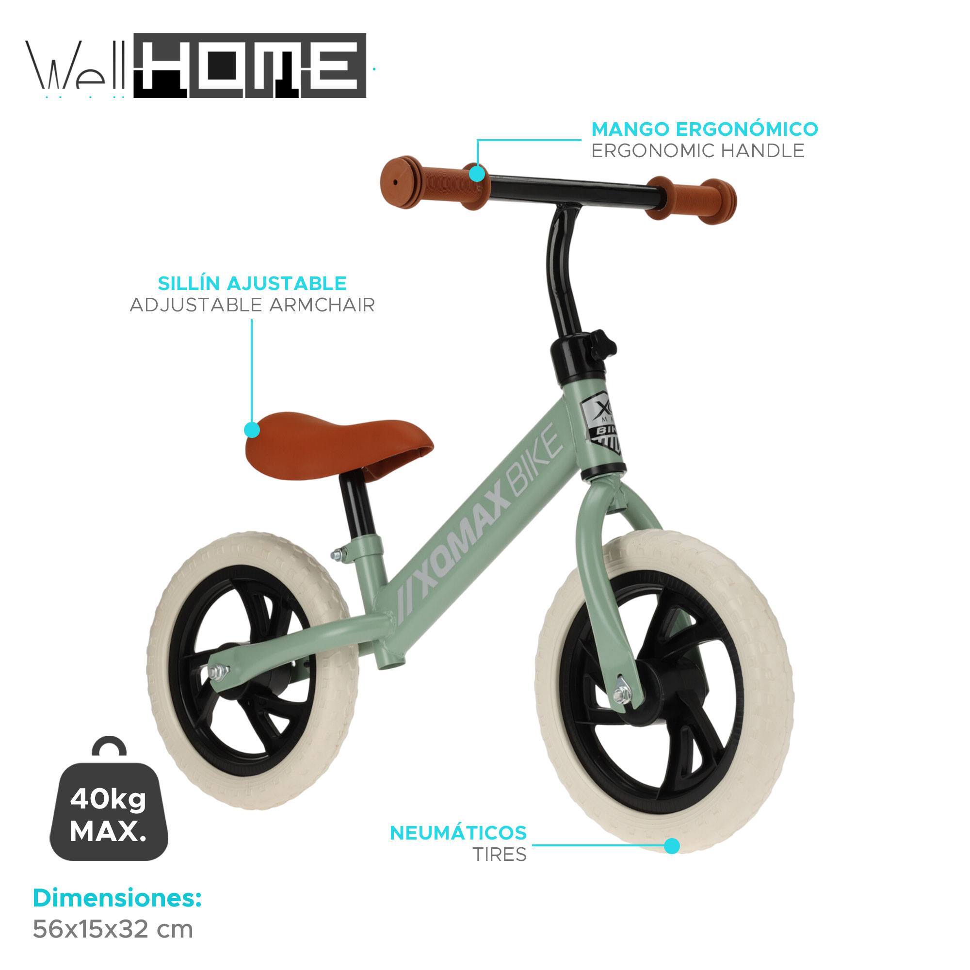 Bicicleta infantil 12'' en verde mate con sillin ajustable, ruedas eva en color blanco, soporta max 40kg