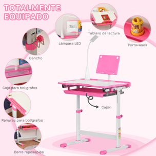 Juego de Escritorio y Silla para Niños de +6 Años Pupitre Infantil Altura Ajustable Escritorio Infantil con Mesa Inclinable Lámpara Cajón y Estante para Libros Rosa