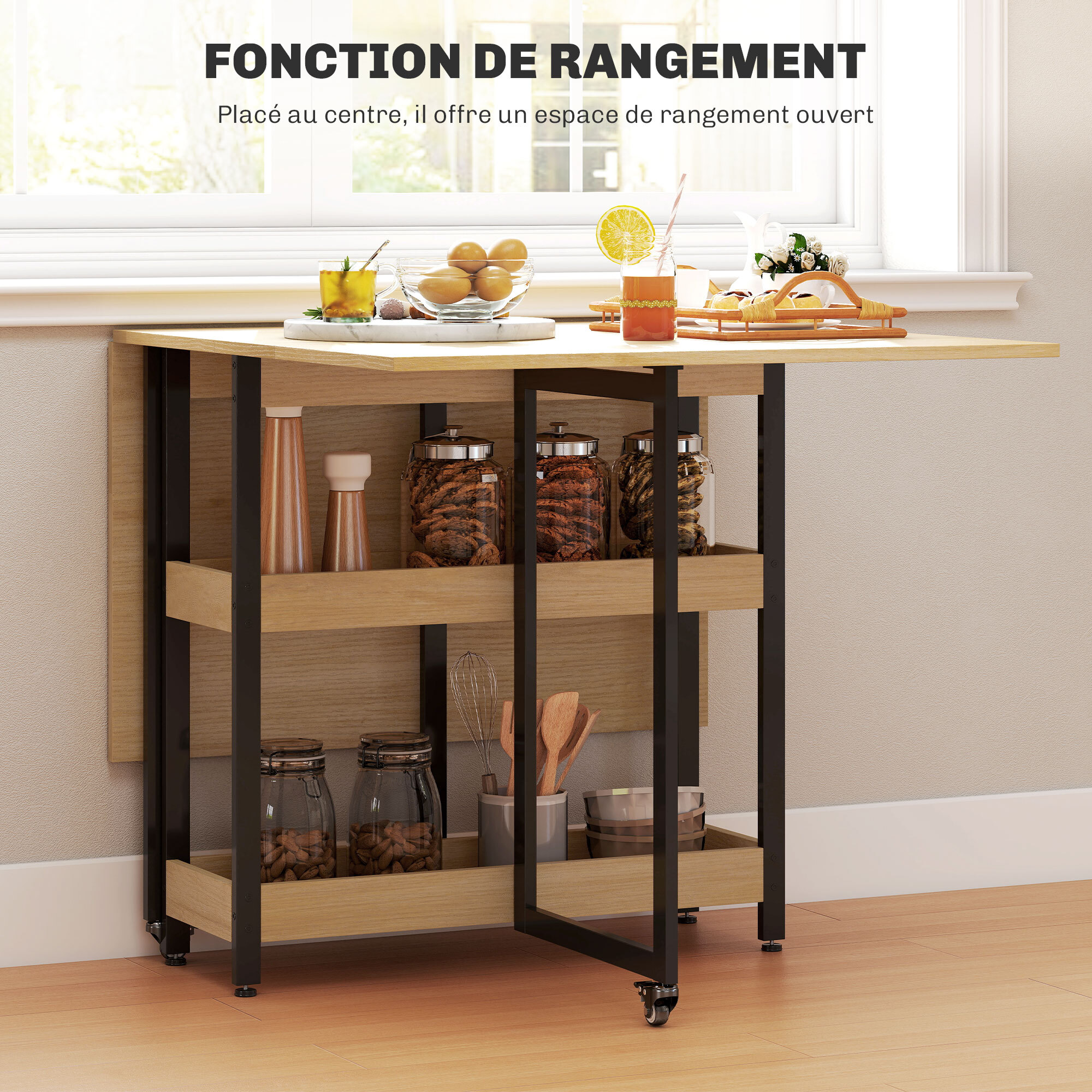 Table de cuisine rabattable - table à manger pliable 2-4 personnes - étagères - métal noir effet bois