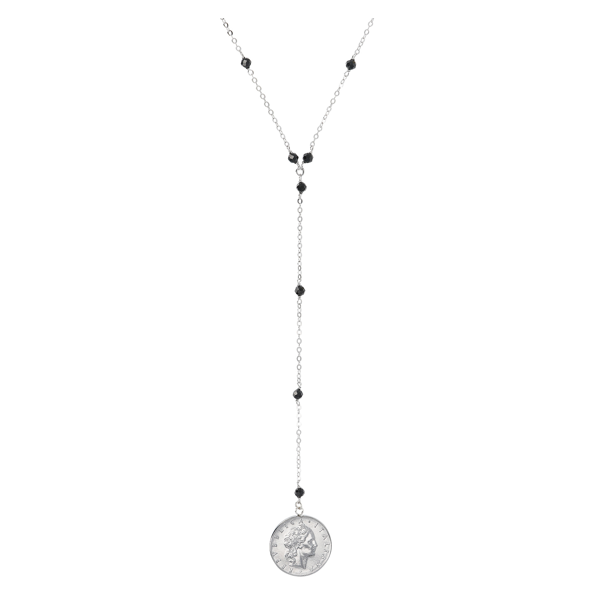 Collana a Cravatta Catena Rolo con Spinello Nero e Pendente Moneta 50Lire