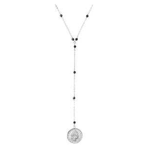 Collana a Cravatta Catena Rolo con Spinello Nero e Pendente Moneta 50Lire