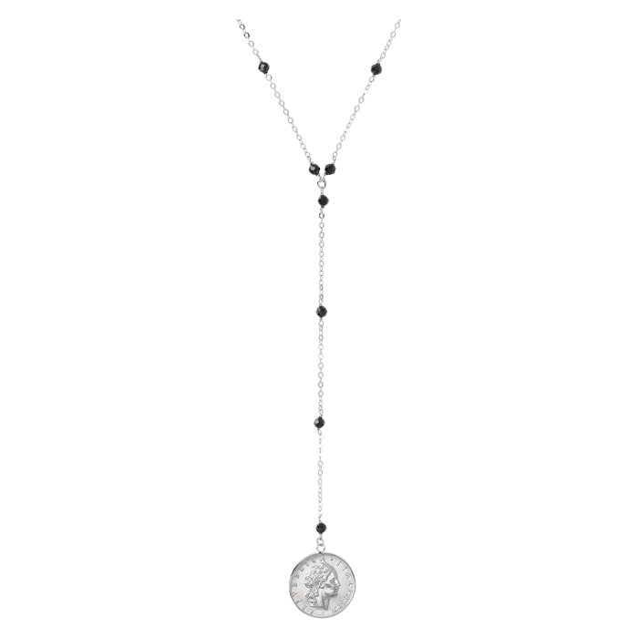 Collana a Cravatta Catena Rolo con Spinello Nero e Pendente Moneta 50Lire