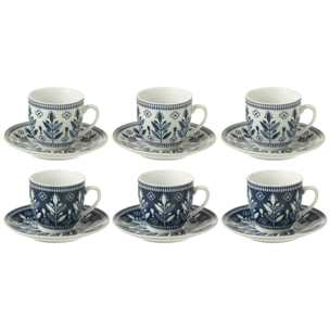 J-Line tasse + sous-tasse Feuilles - céramique - bleu foncé - boîte de 6