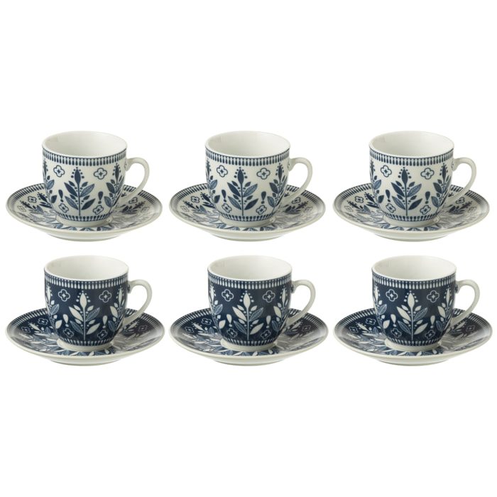 J-Line tasse + sous-tasse Feuilles - céramique - bleu foncé - boîte de 6