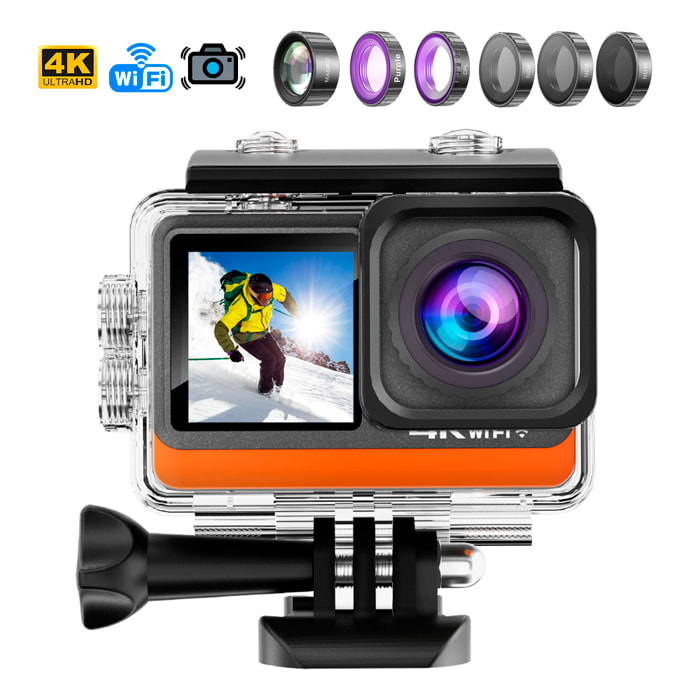 Cámara Deportiva M80 TR 4k 60fps con 29 mpx, doble pantalla de 2" y 1.3", estabilizador de imagen, multitud de accesorios, 6 filtros y WIFI.