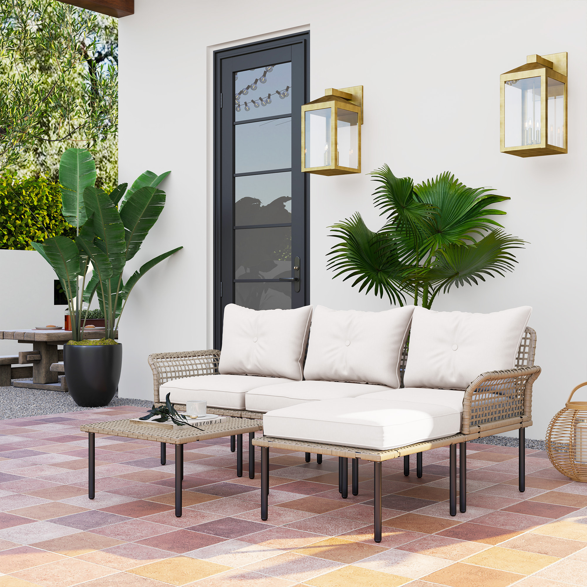 Conjunto de Jardín Exterior de Ratán Sintético de 5 Piezas Muebles de Jardín Exterior Incluye 2 Sofás Esquineras 1 Sofá de Exterior 1 Taburete 1 Mesa de Centro con Cojines Crema