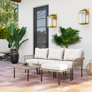 Conjunto de Jardín Exterior de Ratán Sintético de 5 Piezas Muebles de Jardín Exterior Incluye 2 Sofás Esquineras 1 Sofá de Exterior 1 Taburete 1 Mesa de Centro con Cojines Crema