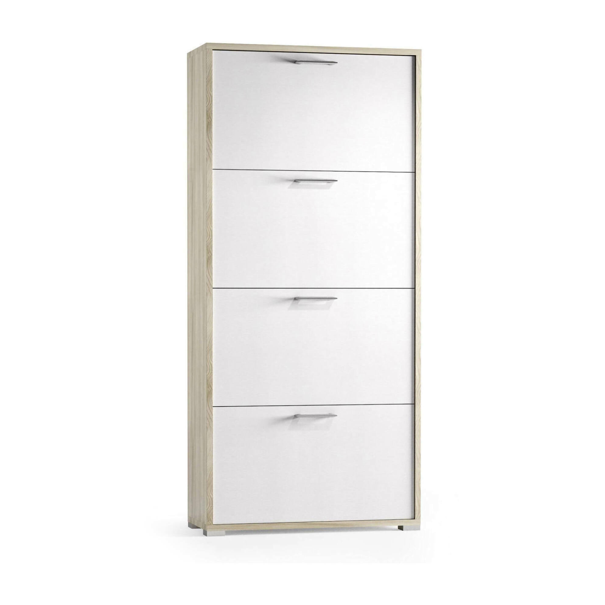 Scarpiera Rosa, Mobile multiuso da ingresso con 4 ante a ribalta, Armadietto portascarpe a doppia profondità, 100% Made in Italy, Cm 67x28h147, Bianco e Olmo