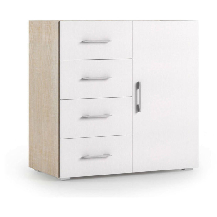 Credenza Violetta, Mobile buffet a 1 anta e 4 cassetti, Madia da soggiorno, Armadietto multiuso con ripiani, 100% Made in Italy, Cm 90x41h87, Bianco e Rovere