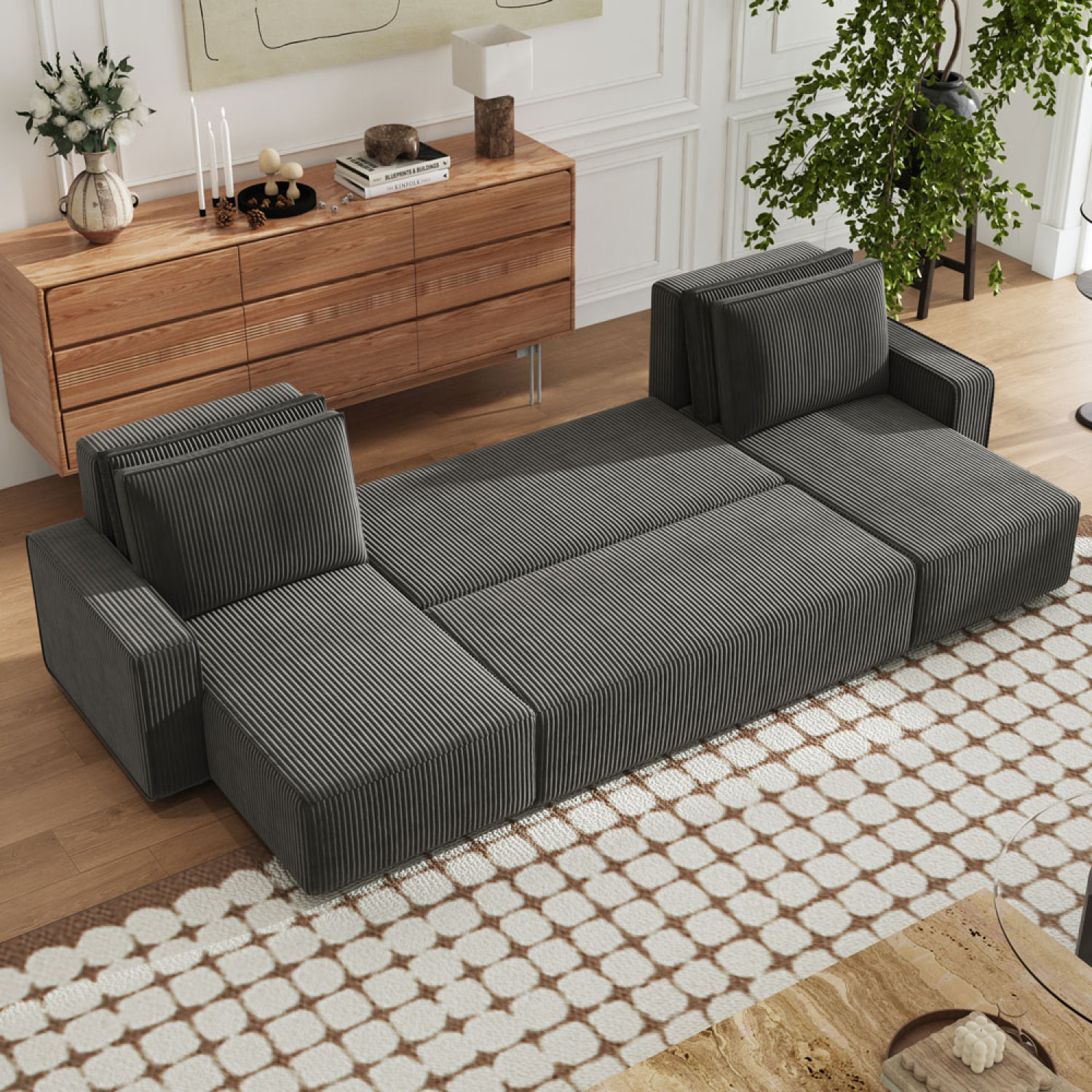 LUBEC Canapé panoramique convertible 6 places avec coffre en velours côtelé gris anthracite