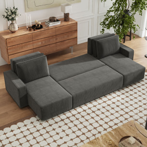 LUBEC Canapé panoramique convertible 6 places avec coffre en velours côtelé gris anthracite