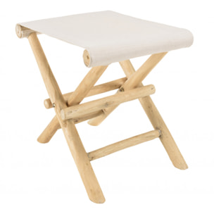 WILL - Tabouret pliant en branches de teck pieds croisés assise tissu