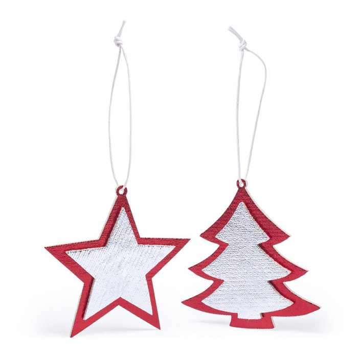 DAM Set di figure natalizie da appendere, design albero di Natale e stella. 8x8x8cm. colore rosso