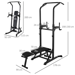 Estación de Musculación Torre de Entrenamiento Altura Ajustable con Barra de Dominadas y Banco Plegable para Fitness en Casa Gimnasio Carga 150 kg 99x178x230 cm Negro