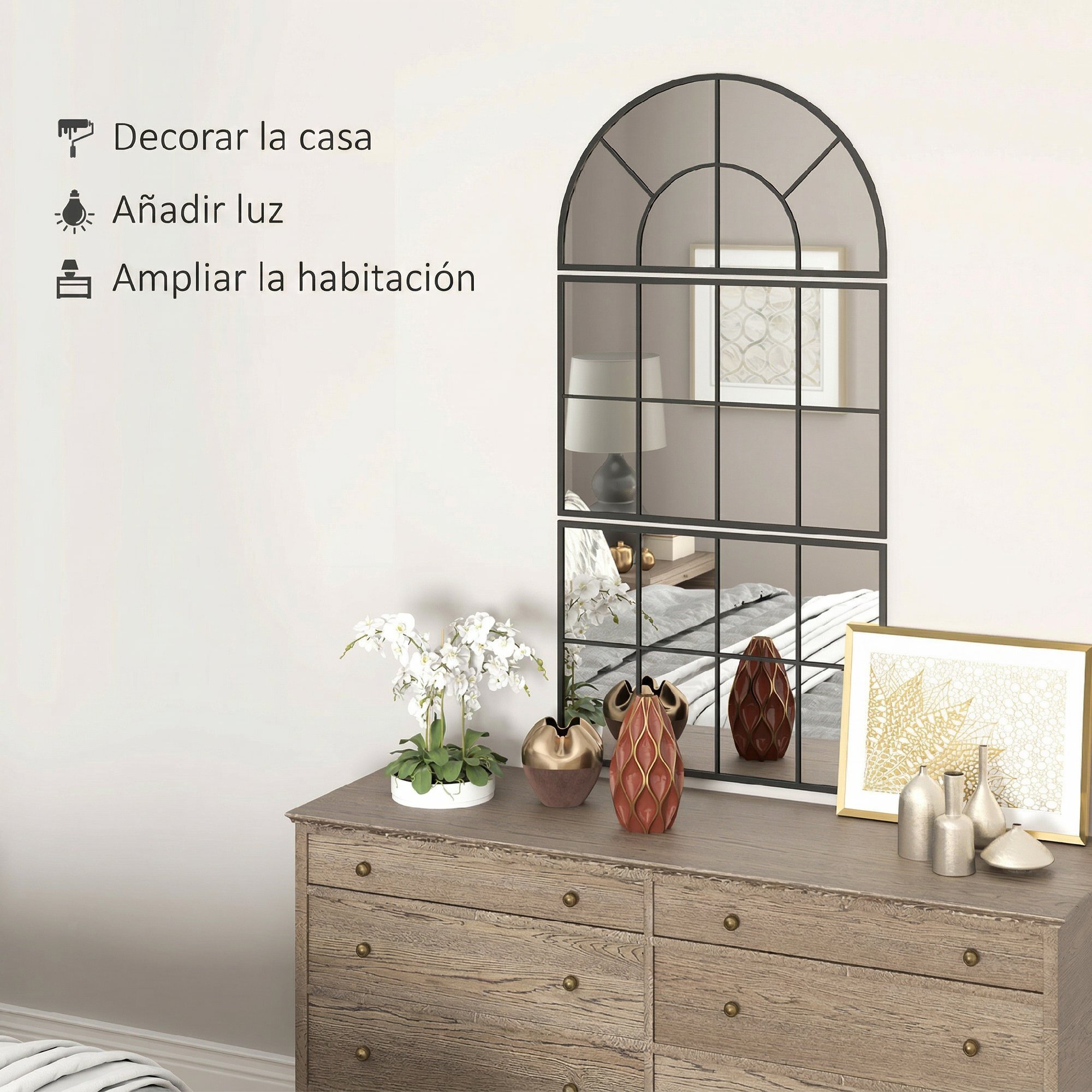Espejo de Pared, 76x149 cm, 3 Piezas, Espejo de Recibidor con Marco de Metal en Forma de Ventana, Decoración para Salón, Dormitorio, Entrada, Negro