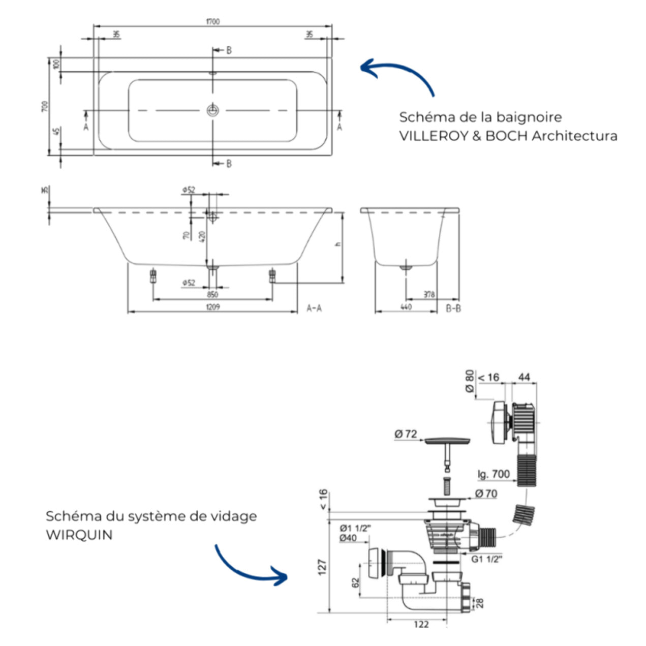 Baignoire droite 170 x 70 VILLEROY & BOCH Architectura + Pieds + Vidage de baignoire WIRQUIN noir