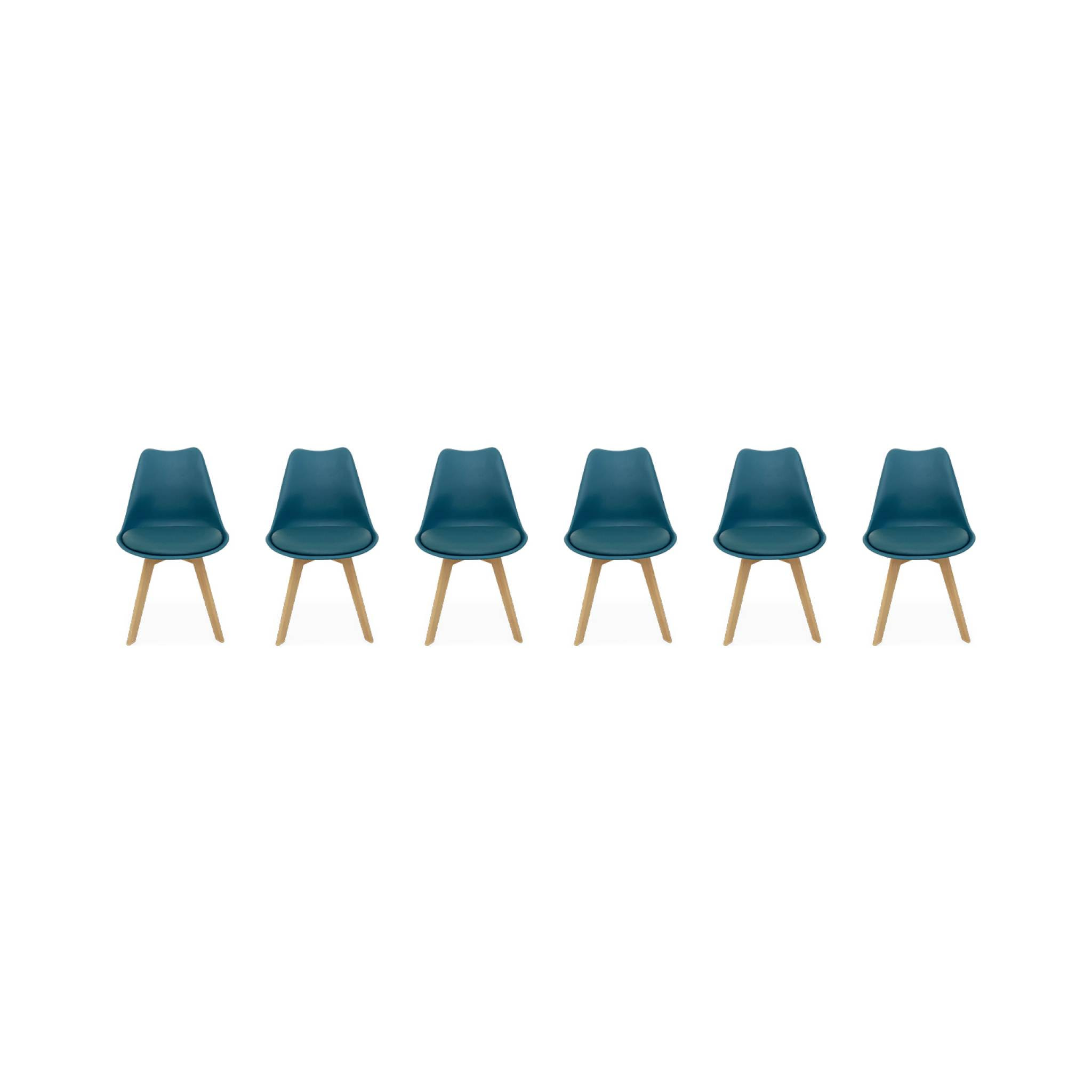 Lot de 6 chaises scandinaves. pieds bois de hêtre. chaises 1 place. bleu canard