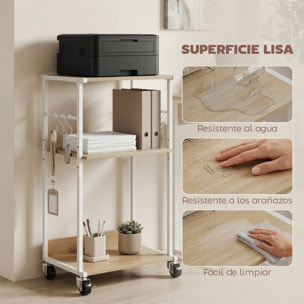 Soporte para Impresora de 3 Niveles con Ruedas, Mueble para Impresora con Ganchos y Marco Metálico, Estantería Multiusos para Oficina, Casa, Escuela, Madera Natural