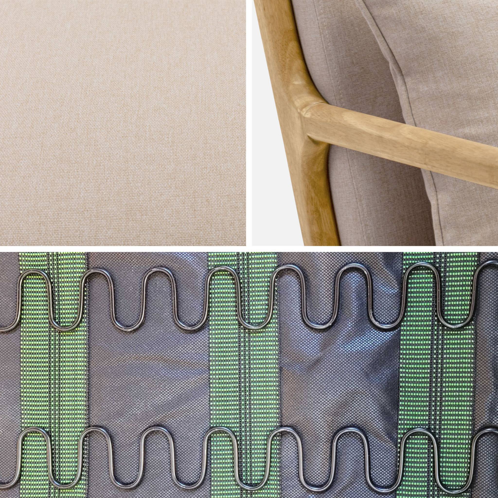 Fauteuil design en bois et tissu. 1 place droit fixe. pieds compas scandinave. structure en bois solide. assise confortable beige