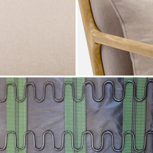 Fauteuil design en bois et tissu. 1 place droit fixe. pieds compas scandinave. structure en bois solide. assise confortable beige