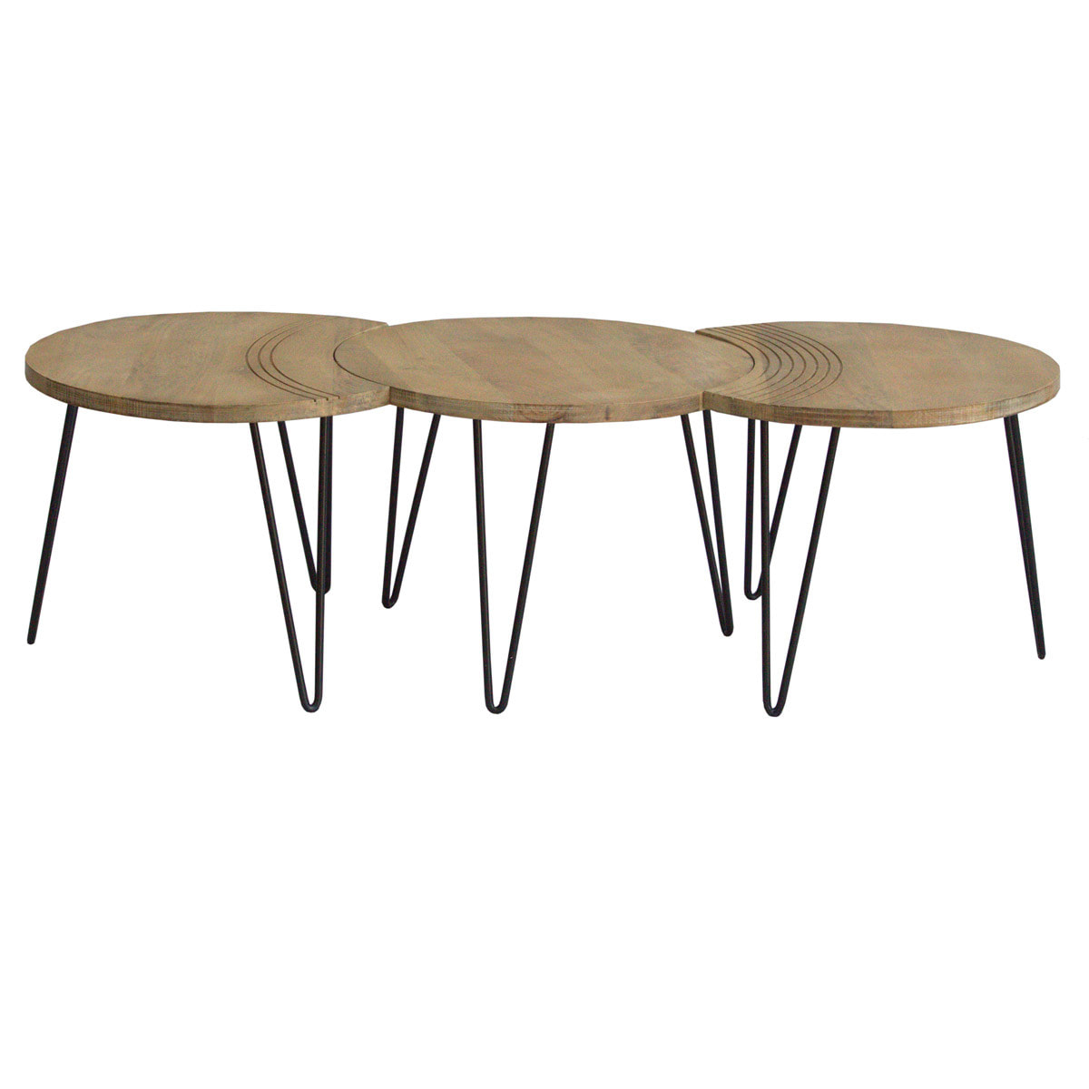 Tables basses gigognes gravées bois manguier massif et métal noir (lot de 3) VIBES