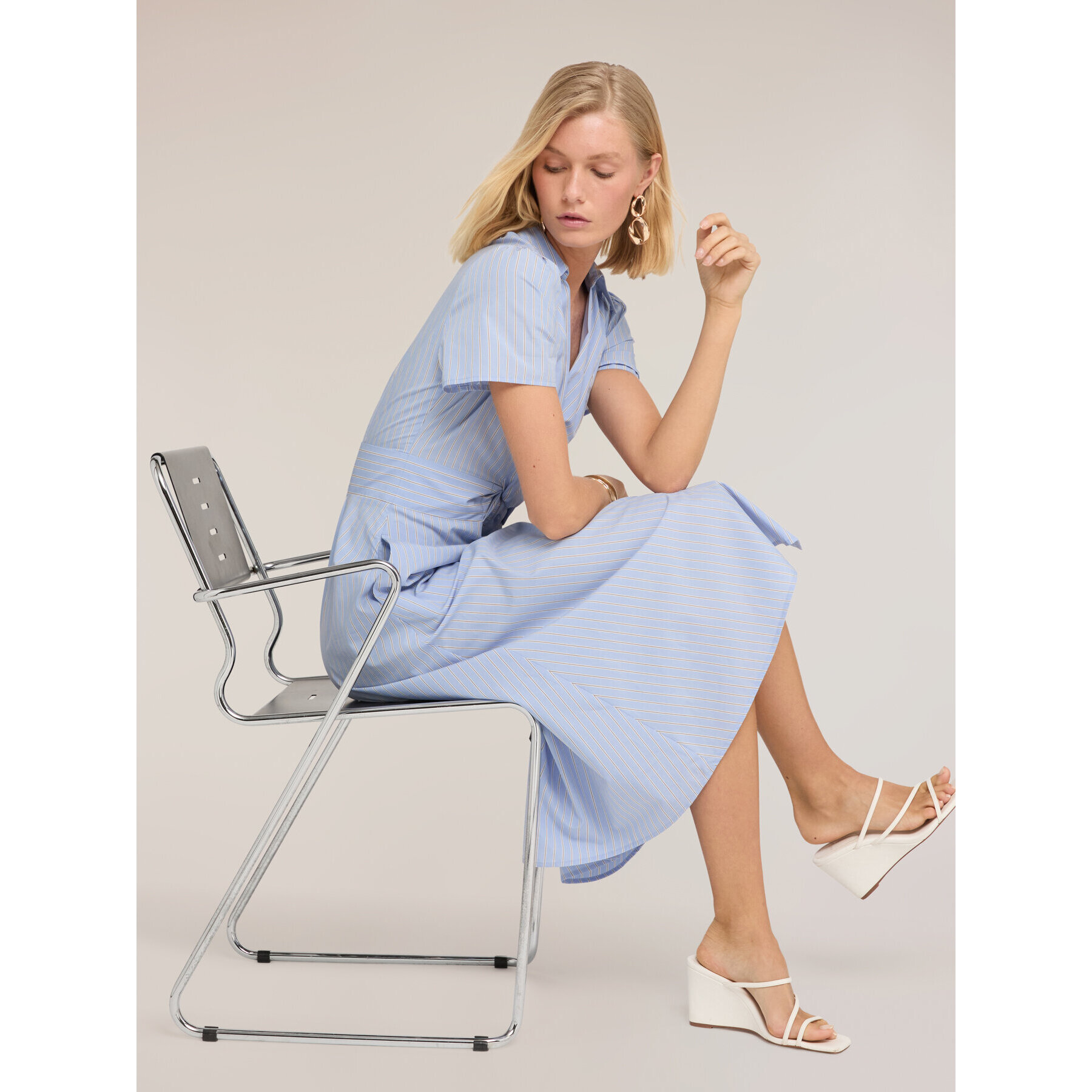 Motivi - Vestido camisero midi en popelina a rayas - Light - blue