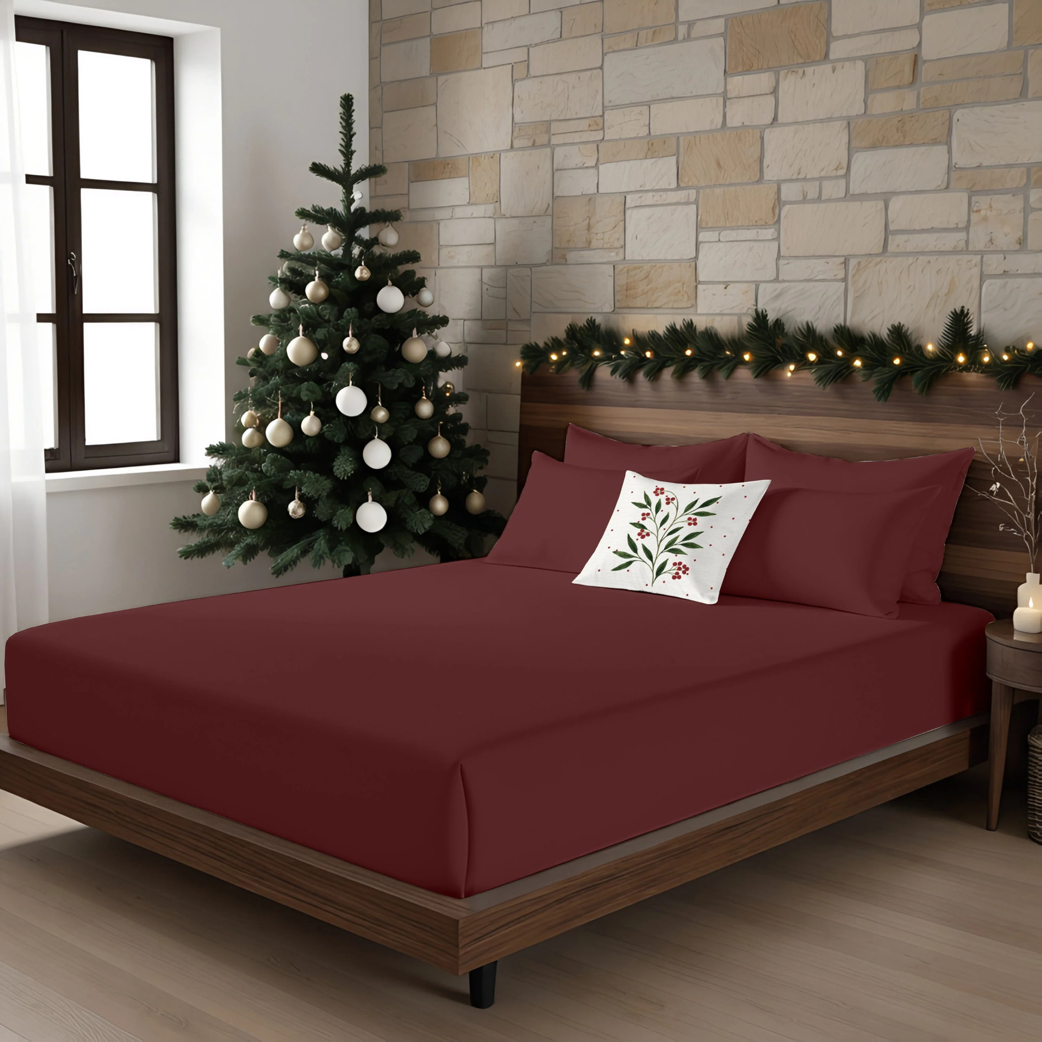 Parure de lit 100% coton Bordeaux Uni