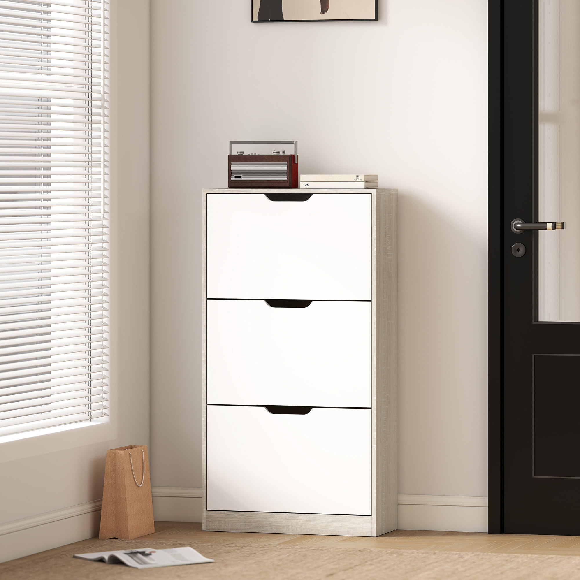 Zapatero Estrecho, 3 Puertas Abatibles, Zapatero Entrada Recibidor para 18 Pares de Zapatos, para Pasillo, Espacios Reducidos, 62,5x26x117,5 cm, Roble y Blanco