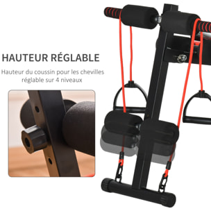 Banc de musculation pliable réglable - 2 bandes de résistance, ressort central traction, 2 poignées - acier PU rouge noir