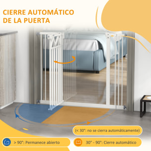Barrera de Seguridad para Perros Extensible 74-100 cm, para Puertas y Escaleras, Barrera para Perros con Cierre Automático, Doble Bloqueo, Montaje a Presión y 2 Extensiones 7/14cm, Blanco