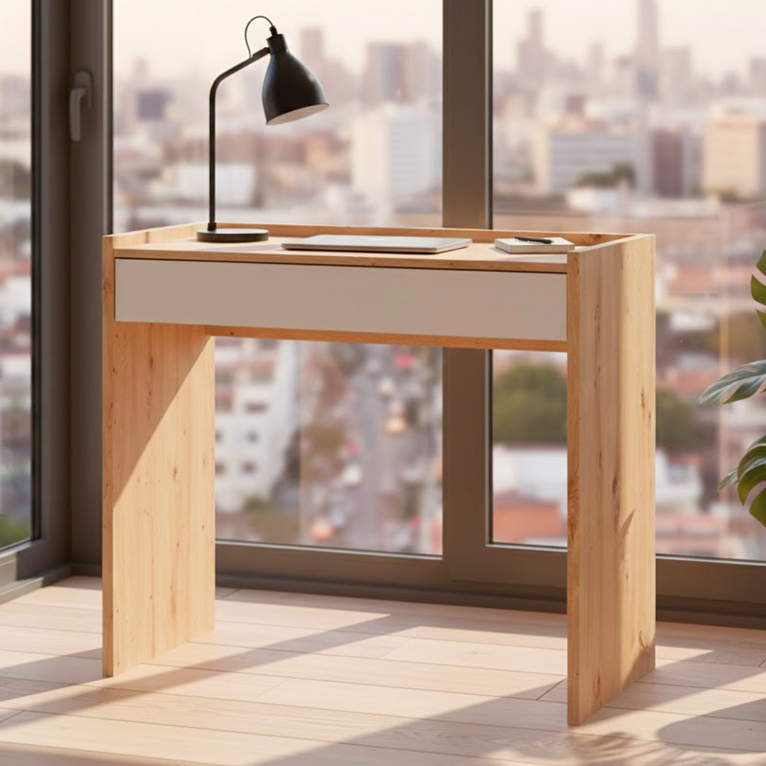 Scrivania Con Cassetto Tavolo Studio Ufficio Moderno Mobile Desk Struttura Salvaspazio Home Office Cameretta e Studio 81.5x40x77 Cm Bianco e Rovere