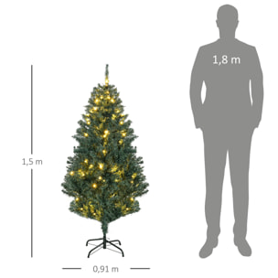 Árbol de Navidad Artificial 150 cm con 100 Luces LED con 8 Modos de Iluminación Árbol de Navideño con 472 Ramas y 80 Decoraciones Árbol Automático Acero Ø91x150 cm Verde