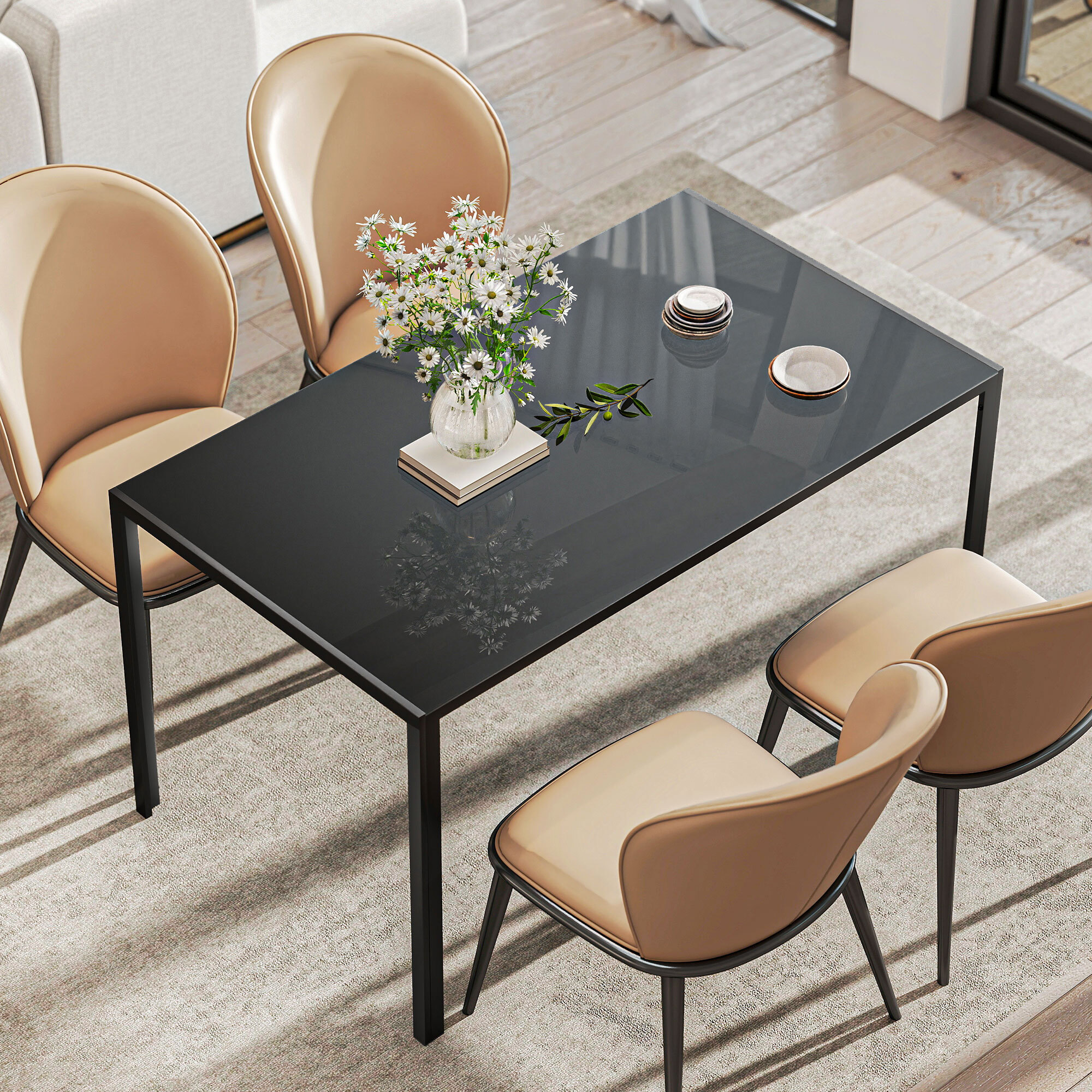 Mesa de Comedor de Cristal, Mesa Rectangular para 6 Personas con Patas de Metal, para Cocina, Salón, 140x80x75 cm, Negro