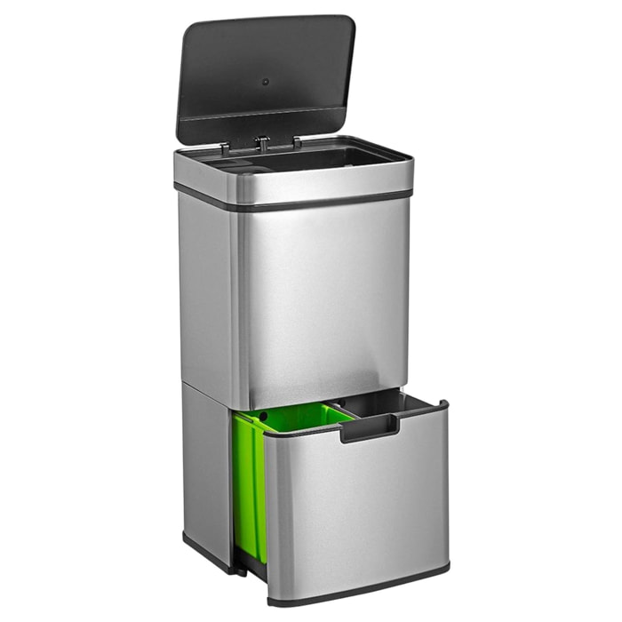 Well home papelera de reciclaje 72l (47l+25l), cubo de basura con 2 compartimentos, apertura automática con sensor, en acero inoxidable, cromado