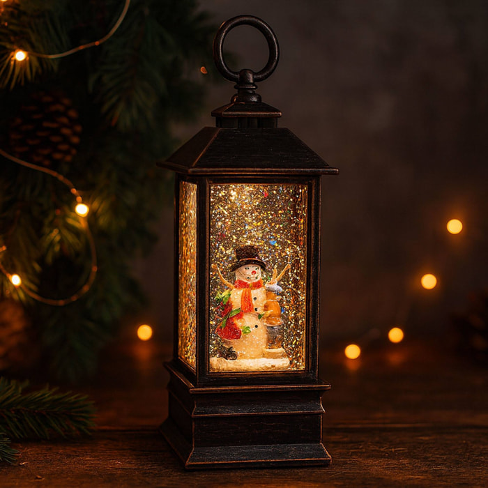 Farol decorativo navideño con agua y purpurina con luces led 9x9x22,5cm