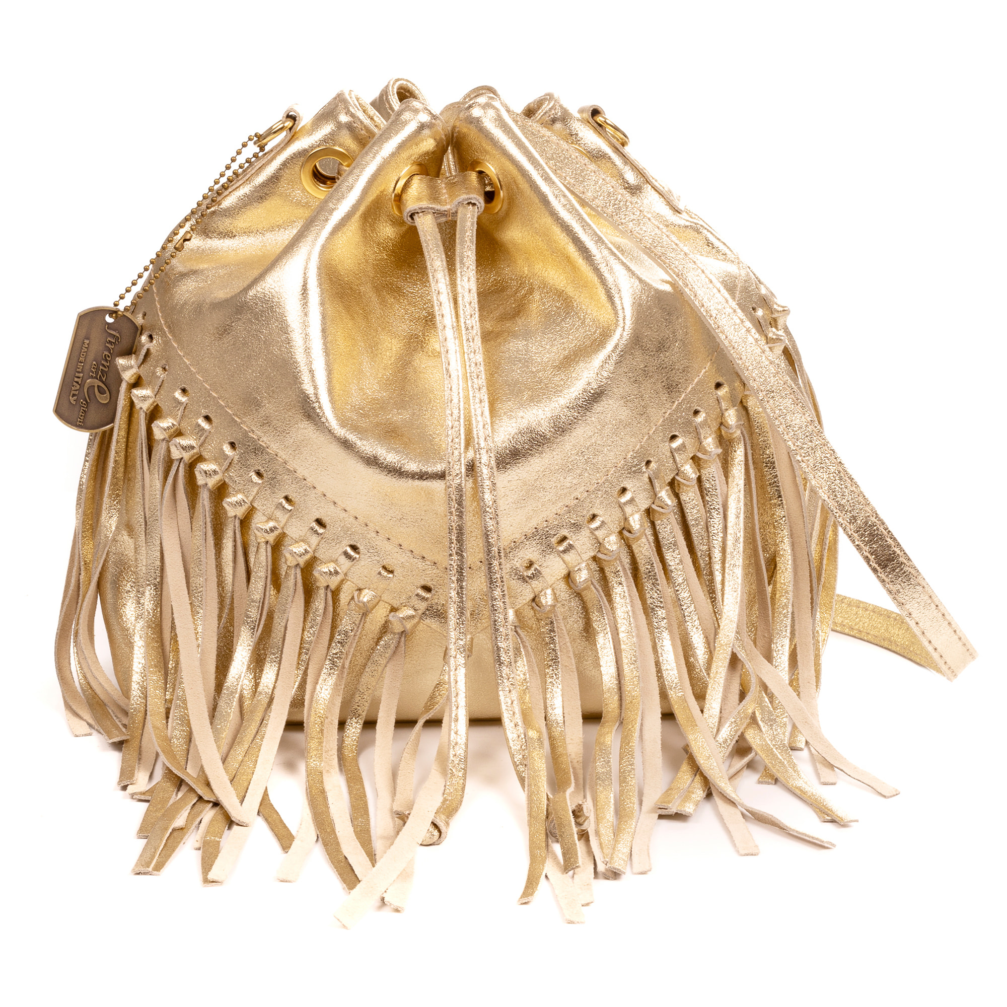 Arzana borsa a tracolla in pelle autentica camoscio laminato. Design esclusivo arricciato e pon pon.