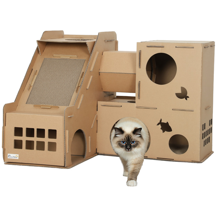 Casa para Gatos de Cartón, Forma Castillo, Rascador para Gatos de 2 Niveles con 3 Zonas de Rascado, Túnel, Rampa, Incluye Hierba, para Interior, Marrón