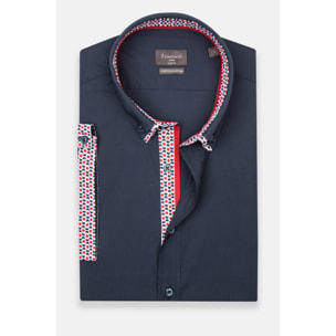 camicia uomo slim 1 bottone button down doppio collo Popeline Stretch Unito Blu