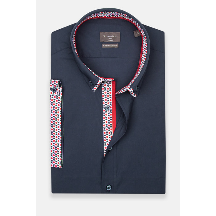 camicia uomo slim 1 bottone button down doppio collo Popeline Stretch Unito Blu