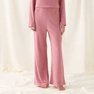Pantalón de punto canalé Sisa color rosa Poliéster