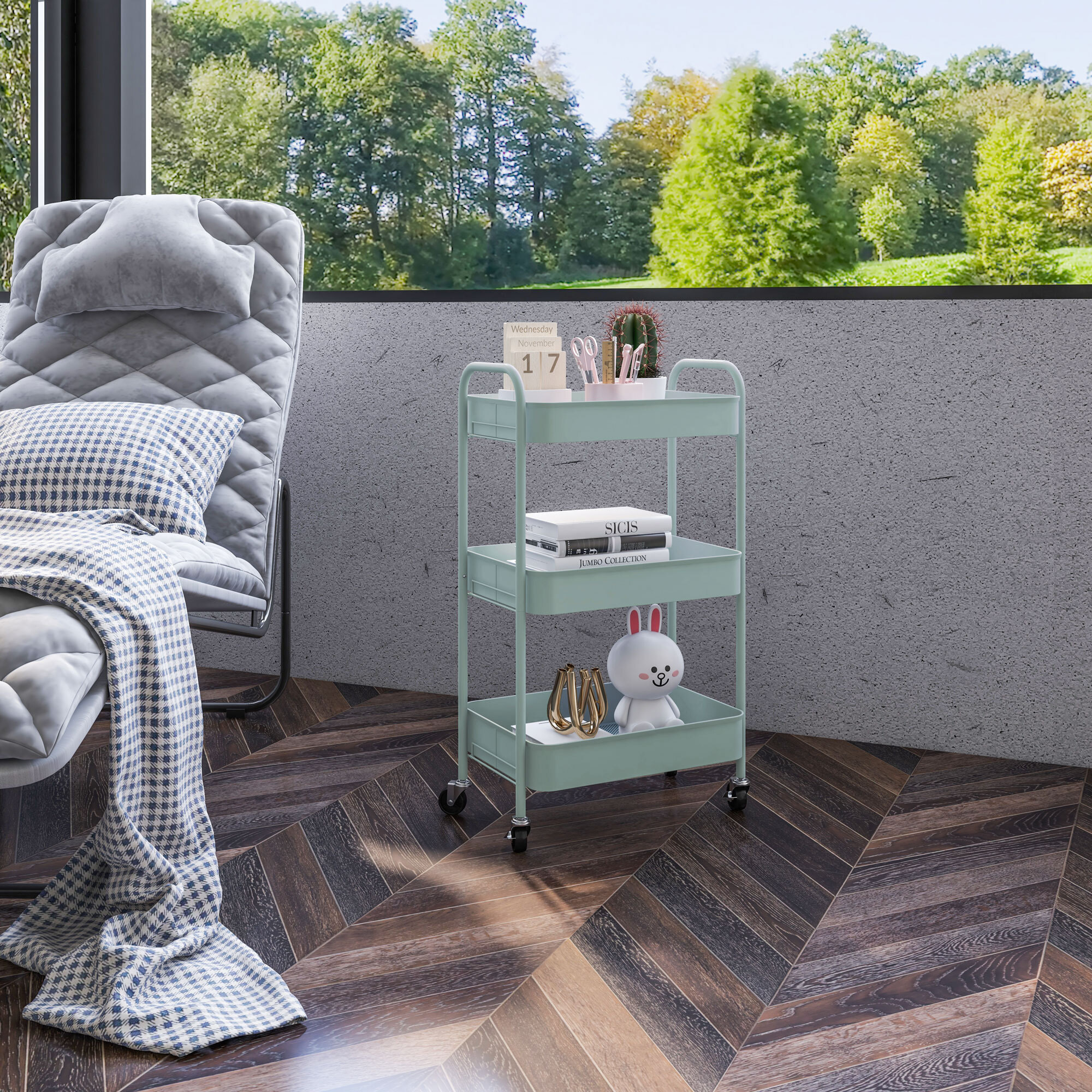 HOMCOM Carrito Auxiliar con Ruedas Carrito de Almacenamiento con 3 Cestas y Marco de Acero para Salón Dormitorio Oficina Cocina 45x30,6x79 cm Azul Claro