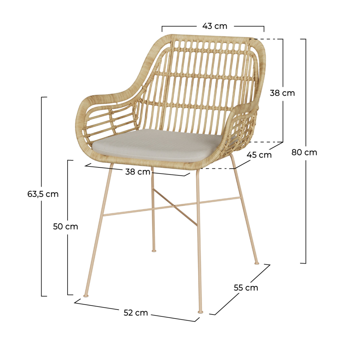 Chaise en rotin, coussin en tissu et pieds en métal beige - Chiloe