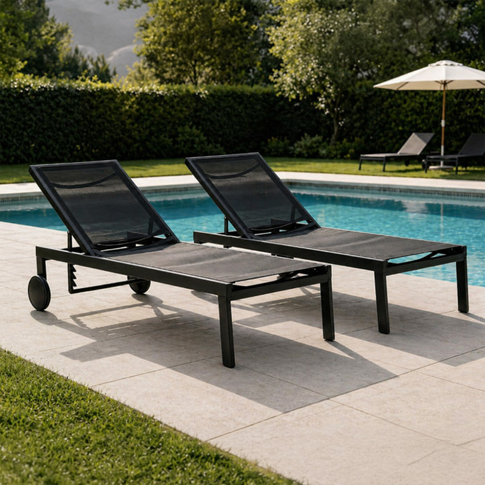 Lot de 2 bains de soleil inclinables noir avec roues en aluminium CARA