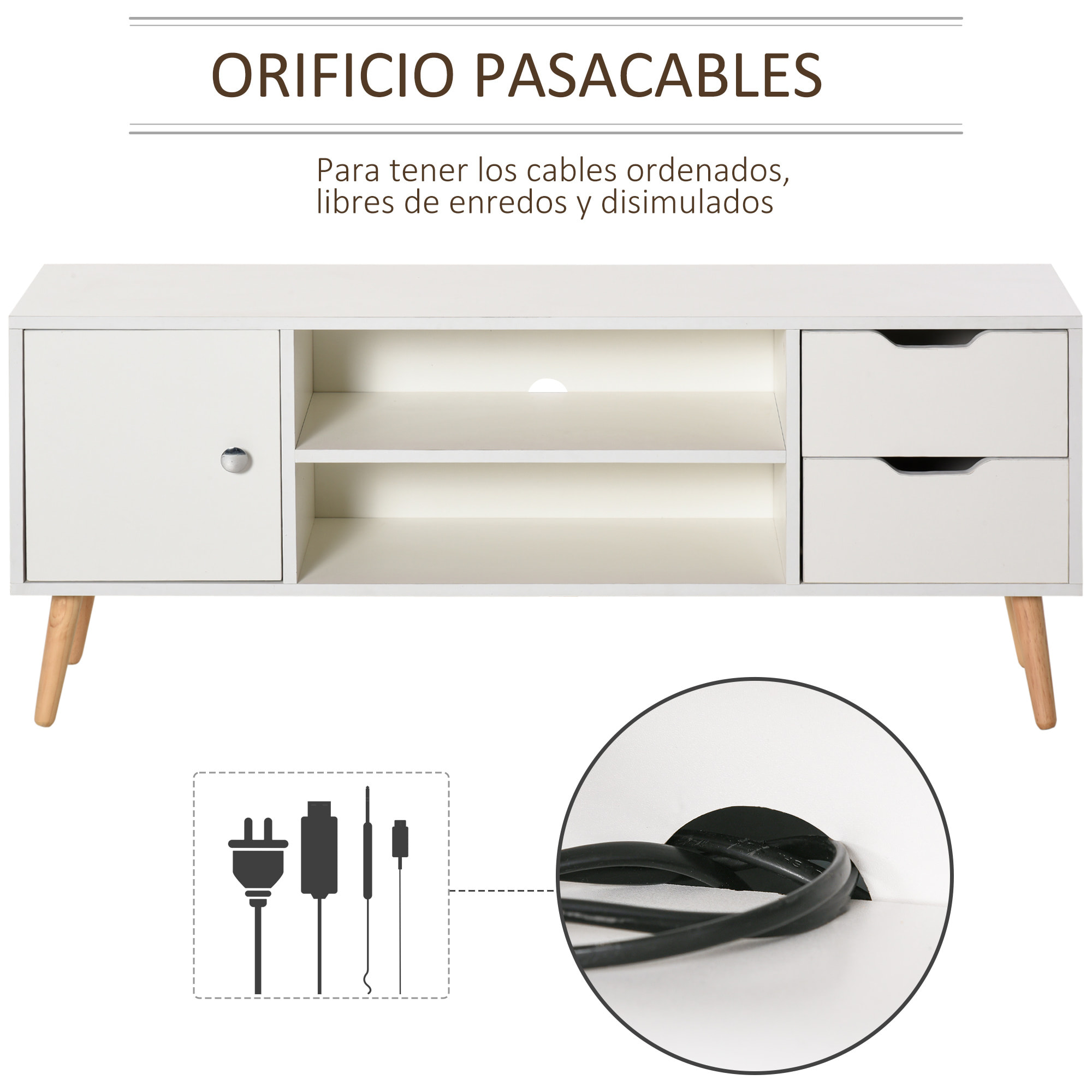 Mueble de TV 120x28x44cm con Armario Estantes Abiertos Cajones Carga 30kg Blanco