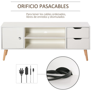 Mueble de TV 120x28x44cm con Armario Estantes Abiertos Cajones Carga 30kg Blanco