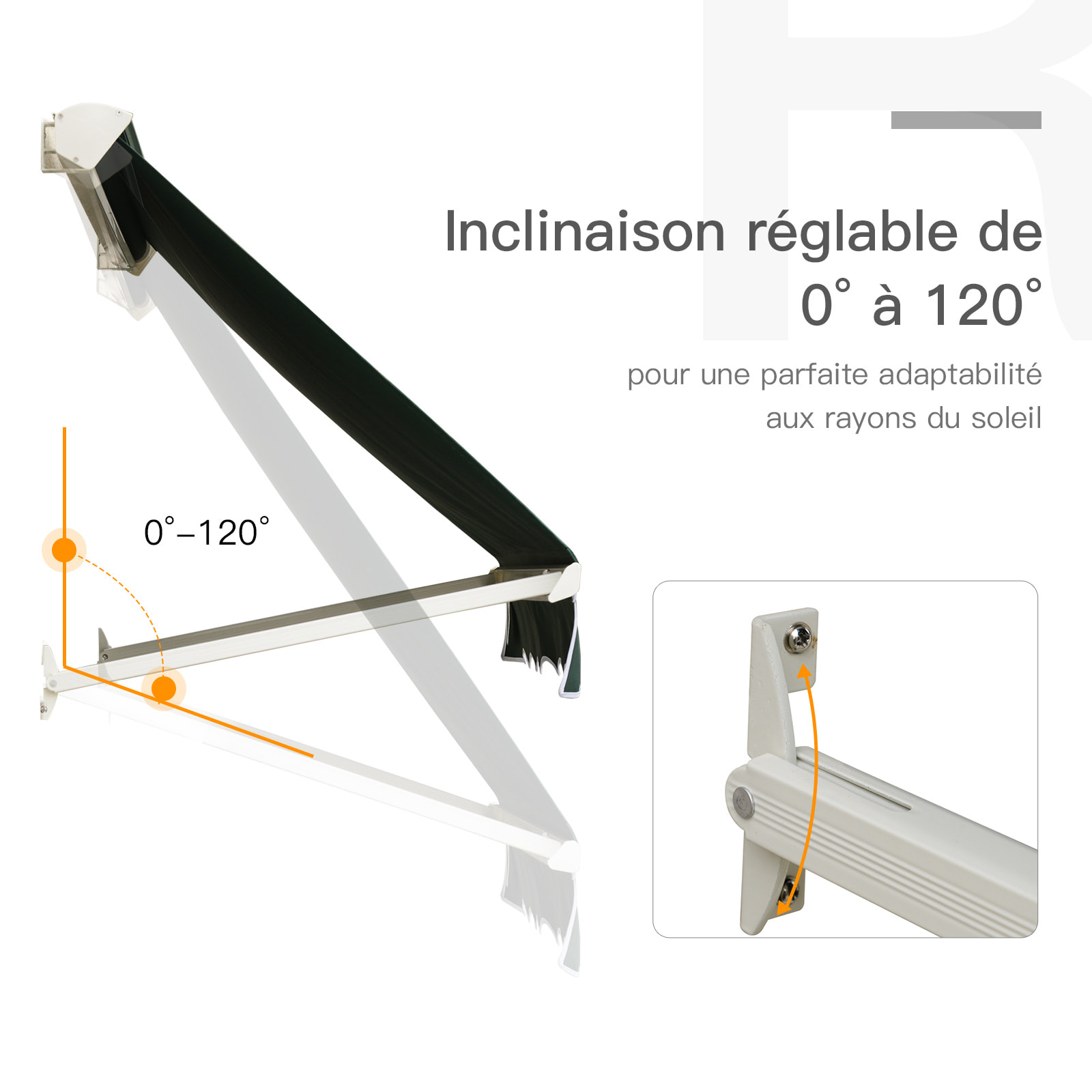 Store banne manuel inclinaison réglable aluminium polyester imperméabilisé 70L x 180l cm vert