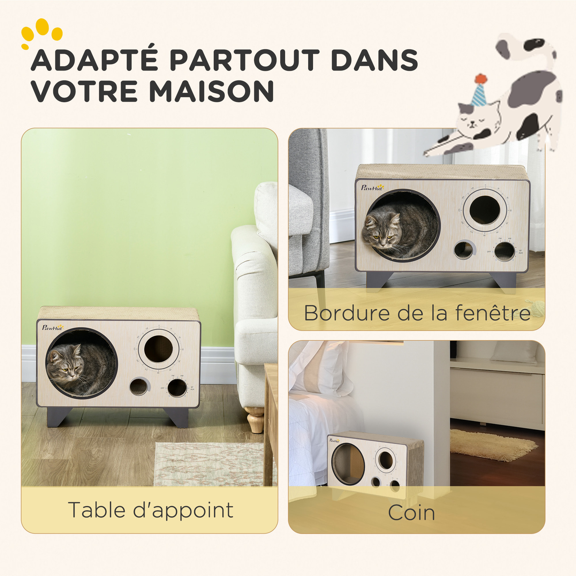 Niche grattoir pour chat 2 en 1 - design radio transistor vintage - carton ondulé
