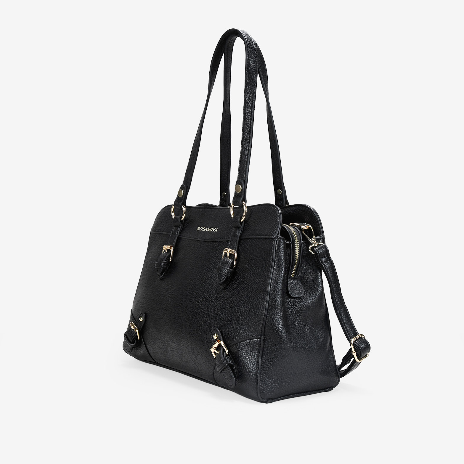 Bolso de hombro negro con hebillas y cremallera