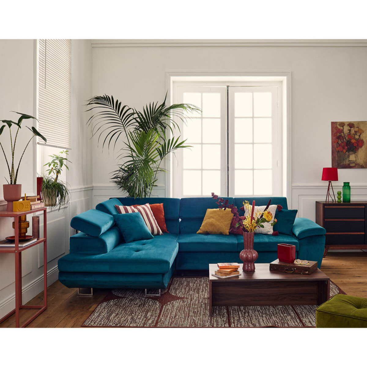 Dimas - canapé d'angle gauche 5 places - convertible avec coffre et têtières réglables - en velours - Bleu