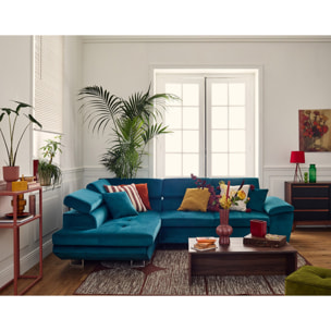 Dimas - canapé d'angle gauche 5 places - convertible avec coffre et têtières réglables - en velours - Bleu